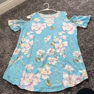 Large blue floral cold shoulder top